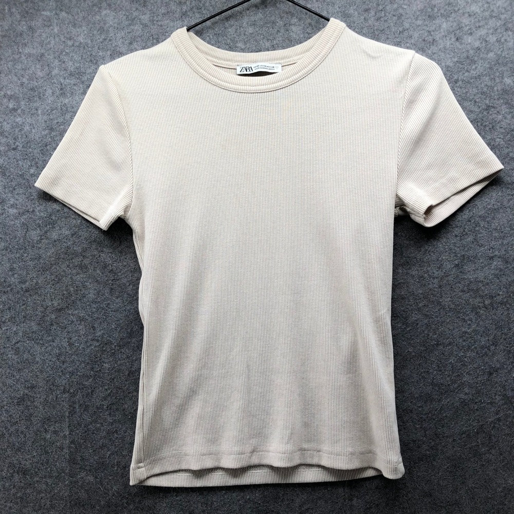 Zara Ribbed Knit T-Shirt Womens M Crewneck Short Sleeve Beige Fitted Stretch